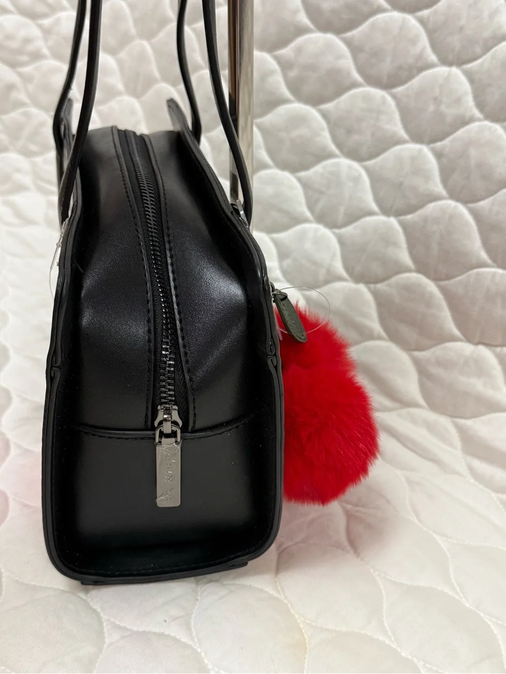 Betsey Johnson Black & White Gingham Tote with Red Pom Pom Charm